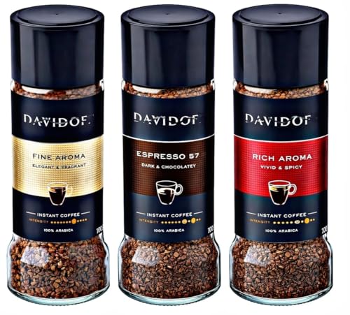 Image of Daviddoff Instant Coffee Variety Pack - Fine Aroma Elegant & Fragrant, Espresso 57 Dark & Chocolatey, Rich Aroma Vivid & Spicy - 100% Arabica Freeze Dried Coffee Pack of 3 Imported Each 100g