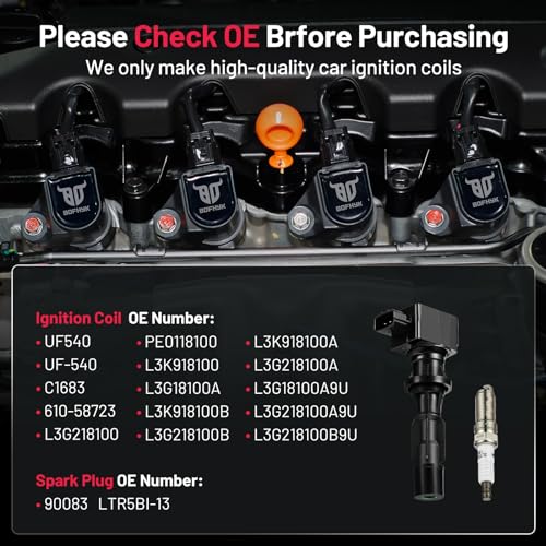 Image of BDFHYK Ignition Coil Pack UF540 and Iridium Spark Plugs 90083 Compatible with Mazda 3 2006-2013 Mazda 6 2006-2013 CX-7 2010-2012 2.0L 2.3L 2.5L L4 CX-7 Oem Coil Pack Coil for 610-58723 Set of 4