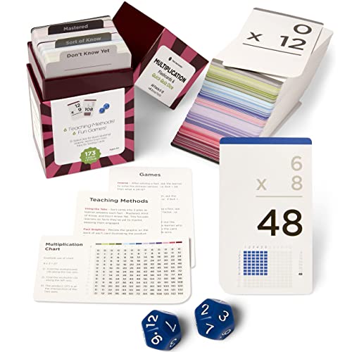 Image of Award-Winning Multiplication Flash Cards - 173 Jumbo Cards (3.1 inch x 5.2 inch), All Facts 0-12 - 1 Fact & Visual Aid Per Card - Includes 2 Bonus Math Dice, Games, Charts & Mastery Divider Tabs - Grades 2-6