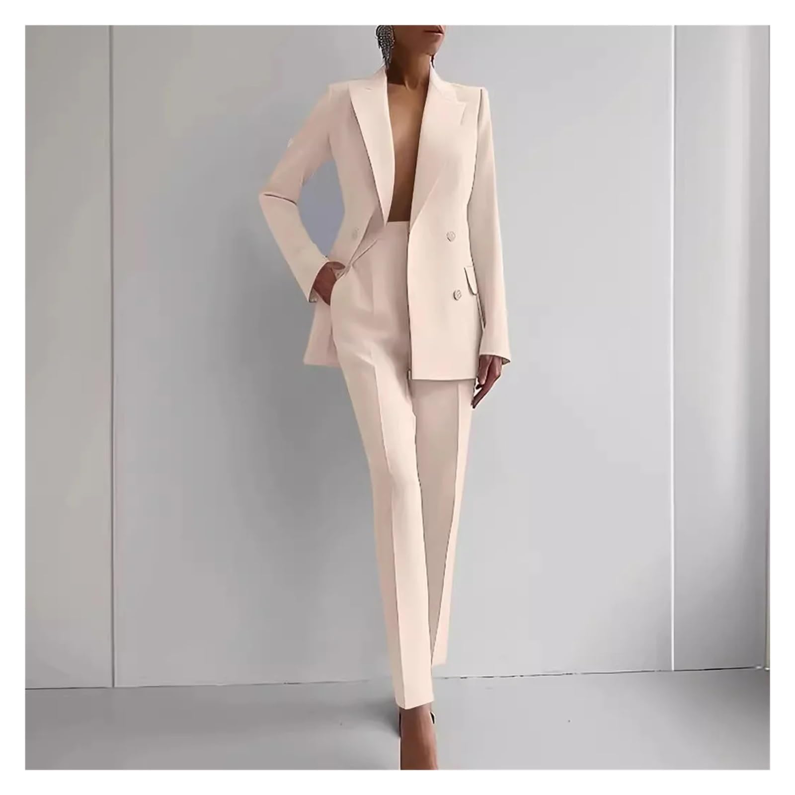 Tailleur Pantalone Donna Blazer Doppiopetto Lunghezza Caviglia Pantaloni a Matita Due Pezzi Tinta Unita Ufficio Estate vestibilità Slim
