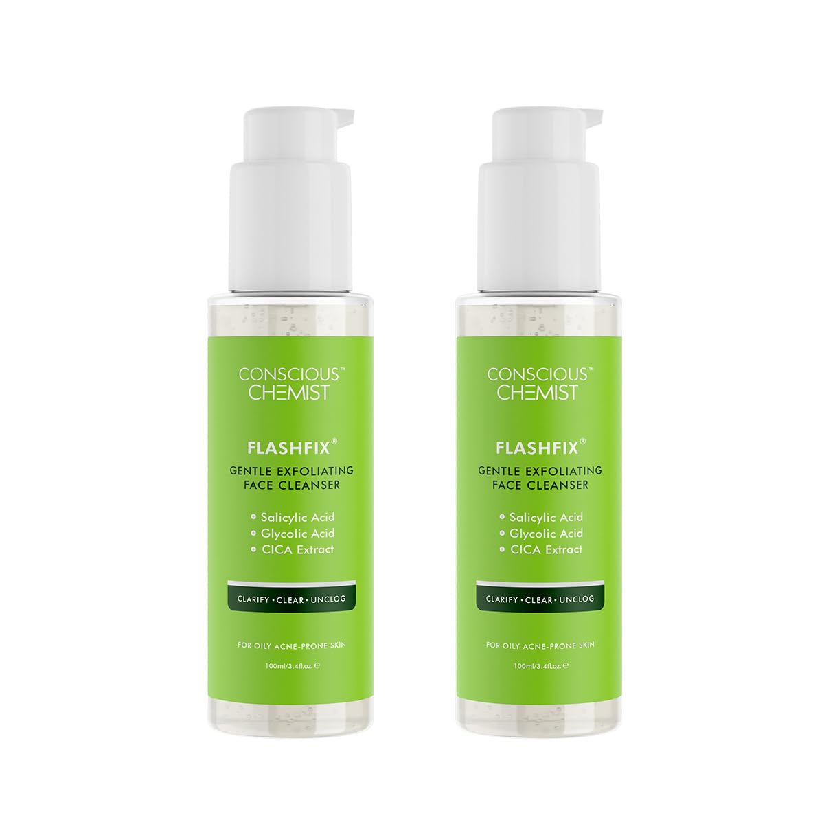 Daily Face Wash For Oily Acne Prone Skin with Salicylic Acid, Glycolic Acid & CICA Extract | For Acne & Radiant Skin | Cruelty Free | Pack of 2