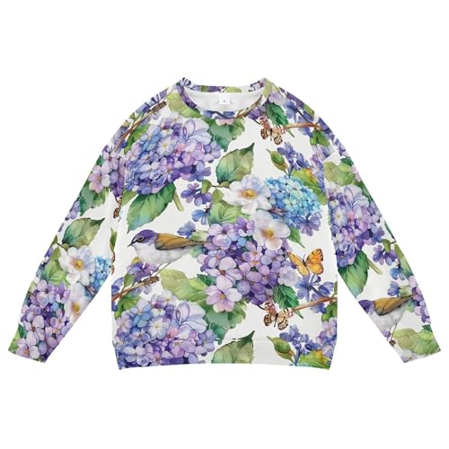 JUNZAN Watercolor Spring Flowers and Birds Blue Little Kids Sweatshirts Hoodies Fleece Outerwear for Kids Sports 4T