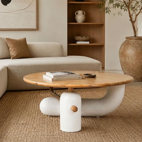 Image of Gharaana Aurum Modern Wooden Centre Table for Living Room (36x36x16) Solid Mango Wood, White Stone Finish | Natural Bleach Finish | Round Solid Wood Luxury Contemporary Coffee Table