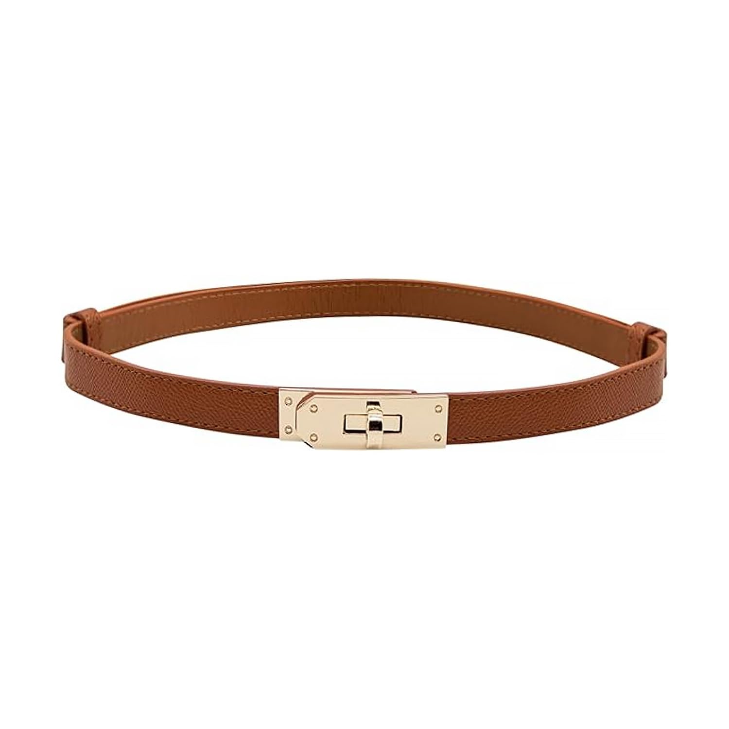 wellrun Vintage Skinny Waist Belt,Women Leather Adjustable Buckle Thin Waistband,Fashion Elegant Turn Lock Belt for Jeans Dresses Coats Outfit(Brown)