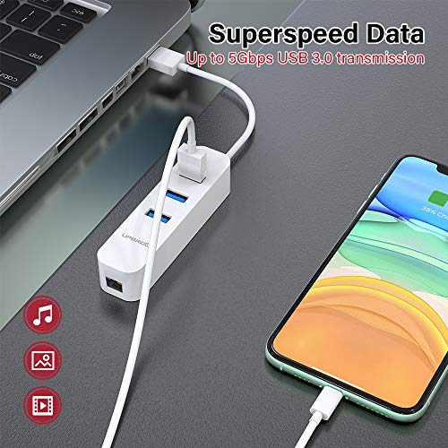 Upgrow 4-Port Usb 3.0 Hub With Ethernet Port Converter 4-Port Usb 3.0 Hub With 10/100/1000 Gigabit A Rj45 Ethernet Port, Support Windows, Mac Os 10.6 And Above, Linux-White #TOP5