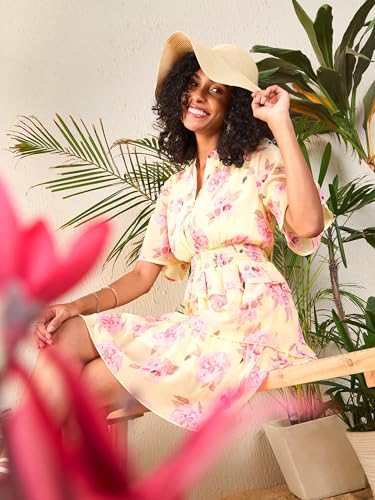 Image of SASSAFRAS Women's Layered Hem Short- Floral Printed Flared Sleeve Layered Georgette Fit & Flare Dress