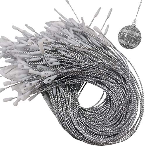 GuassLee 200Pack Silver Christmas Ornament Hanger Snap Locking String, Precut Hanging Ropes Fasteners Polyester Ropes for Christmas Tree Ornament Decorations