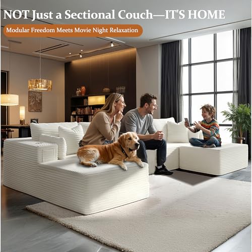 Image of 138 inch Cloud Sectional Couch, Comfort U Shaped Boneless Couch for Living Room, Extra Deep Seats No Assembly, Minimalist Modular Sofa, Corduroy (Cream, 3 Seater+Left Facing Chaise+Ottoman)