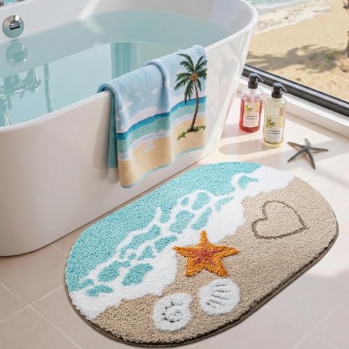 Cevolyn Blue Beach Bathroom Rugs Microfiber Nautical Cute Coastal Bath Mats for Bathroom Floor Non Slip Quick Dry Absorbent Bath Rugs with Starfish Seashell Machine Washable 20x32