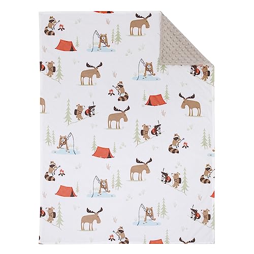 Image of Little Love by NoJo Camping White, Gray, and Orange Moose, Tents, and Fishing Super Soft Baby Blanket