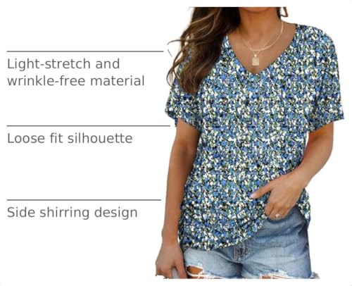 Image of WIHOLL Womens Summer T-Shirts Short Sleeve V Neck Dolman Tops with Side Shirring Loose Fit Shirts Spring Fashion