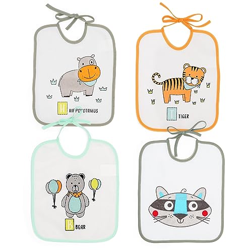 Ti TIN | Pack de 4 Baberos Impermeables para Bebés 73% Algodón 27% Poliéster Forro Vinilo | Baberos con Cierre con Cintas para Bebés de 6 a 18 Meses | Divertidos estampados surtidos.