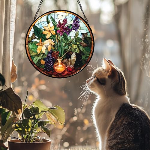 QZQCBLC Stained Glass Window Hanging Berry Plant Purple Yellow Flowers in Vase Large 15" - Suncatcher Door Garden Sun Catcher Home Decor Birthday Christmas for Mom Men Woman Nana by QZQCBLC - Used condition - Image 2