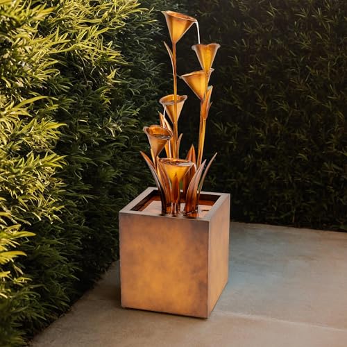 XBrand 46" Tall Bronze Metal Sculptural Flower Multi-Tier Freestanding Water