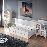 HNOUER Bodenbett 90x200 cm,Montessori Kinderbett mit Rausfallschutz & Lattenrost,Gitterbett, Massivholz Bettgestell, Jugendbett,Weiß, Ohne Matratze