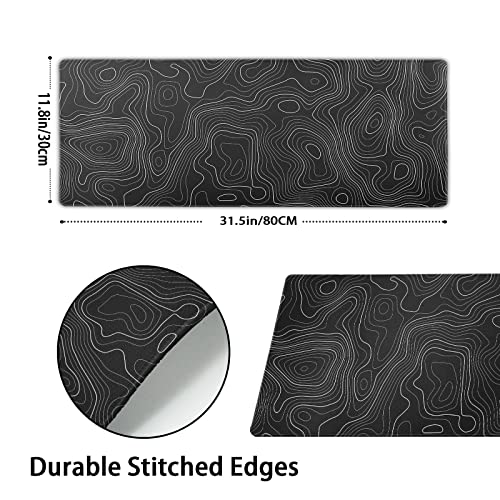 Image of Topographic Map Large Mouse Pad XL Black Lines Contour Geographic Extended Large Desk Mat Big Desk Pad 80X30 CM Non-Slip Rubber Base Stitched Edge Long Mousepad,31.5x11.8 Inch