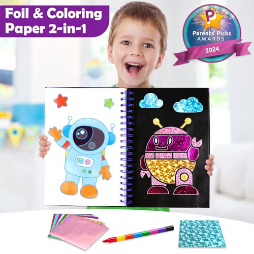 Image of FUNNYB&G Foil Art Craft Kit for Boys 4-10 Years Old: Mess-Free & No-Glue, Create 16 Sparkly Space Pictures - Perfect Travel Toy & Birthday Gift for Kids (Space)