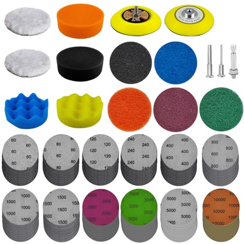 138 Punte Lucidanti a Batteria Set, 75 mm Dischi Abrasivi, 3 Pollici Tamponi Lucidatura, Spugna Lucidatura, Kit Lucidatura Fari Auto, per Lucidare, Levigare (Nero, blu, arancione, giallo)