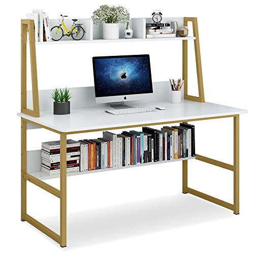 Tribesigns Computer Desk With Hutch, 47 Inches Home Office Desk With Space Saving Design With Bookshelf For Small Spaces (White &Gold, 47) #TOP5