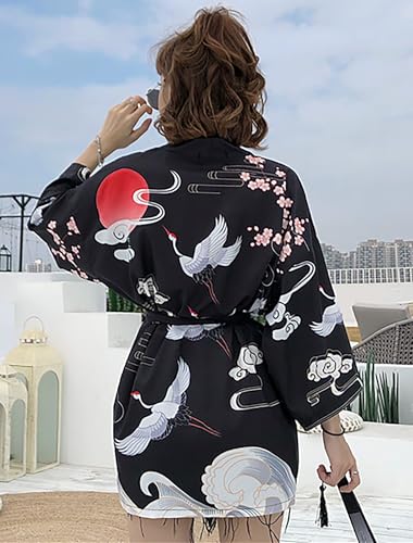 LAI MENG FIVE CATS Women's Floral Print Puff Sleeve Loose Blouse Japanese Kimono Cover up Casual Cute Tops2