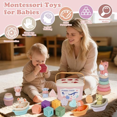 Image of Montessori Baby Toy for 6-18 Months Sensory Toy for Toddler 1-3 Year olds | Shape Sorter Sorting Stacking Ring Stacking Cups Soft Building Blocks for Babies 6-12 Months Sensory Learning Birthday Gift