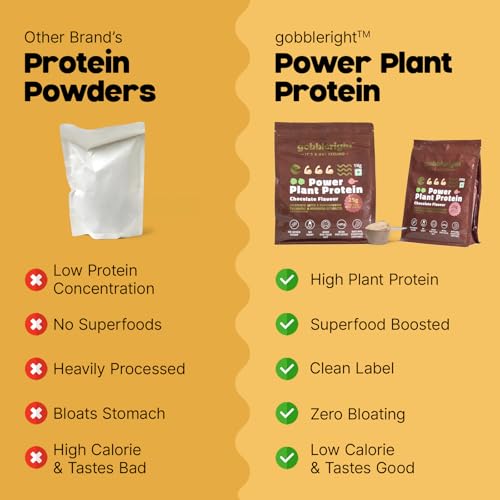Image of GOBBLERIGHT Plant Based Protein Powder Chocolate Flavour 1kg | No Added Sugar | Isolate & Concentrate Pea Rice Protein - Turmeric & Moringa | 4.91g BCAA | No Bloat & Gut Friendly | Vegan & Gluten Free
