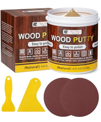 Bates- Wood Filler Putty Repair Kit, 9.87 Ounce, 2 Scrapers, 2 Sandpapers, Natural Wood Putty Filler Paintable & Stainable for Cracks, Holes and Defects in Wooden Furniture