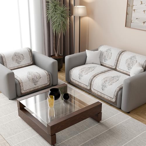 Image of Kuber Industries 2+1 Seater Sofa Cover | Velvet Slipcover for Living Room | Thick & Cozy | Non-Slip Comfort Sofa Cover Set | Digital Painting Juliet 1186 - Cream & Brown