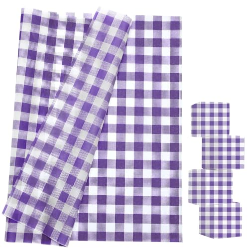 MUNILAIL 100 Sheets Purple Gingham Tissue Paper 14 x 20 Inches Purple and White Checkered Tissue Paper for Gift Bags Bulk Wrapping Papers for Birthday Gift Packing Crafts