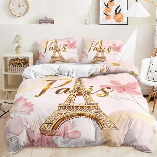 AILONEN Eiffel Tower Pink Duvet Cover Set Full Size,Tie Dye Flower Comforter Cover Set for Girls Women,3-Piece Pink and Gold Watercolor Gold Paris Duvet Cover with 2 Pillowcases