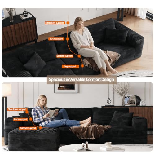 Image of Boneless Compression Couch No Assembly in a Box Sectional for Living Room Black Modular Sofa Memory Foam