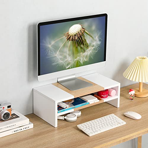 Image of TEAMIX 2 Tiers Desktop Monitor Stand Riser 20 Inch Printer Stand with Storage Small TV Riser Laptop Wooden Desk Organizer Shelf Bookshelf Maple (White+Maple, 2 Tiers) | Laptop /PC /Printer /Keyboard Storage, Ergonomic Design, 15mm thick Sturdy Wood Boards, TV Stand, Home Office Desk Accessories
