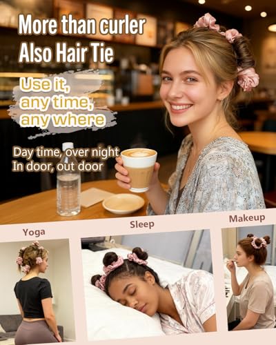 Image of BONNET QUEEN Multi-function Satin Heatless Hair Curler&Hair Tie Non-Heating Hair Roller Curling Rod with Scrunchie, Small Short 20cm, 3Pcs, CreamPink
