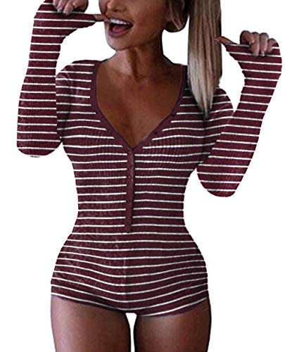 Roselux Women's Sexy Deep V Neck Shorts Long Sleeve Knitted One Piece Bodysuit Sexy Pajama Onesie Bodycon Rompers Overall