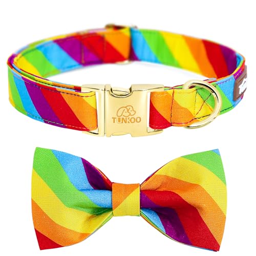 Image of Tunkoo Rainbow Dog Collar with Very Pretty Bow Tie for LGBT Pride Month - Adjustable and Comfortable Collar for Large Medium Small Pet M
