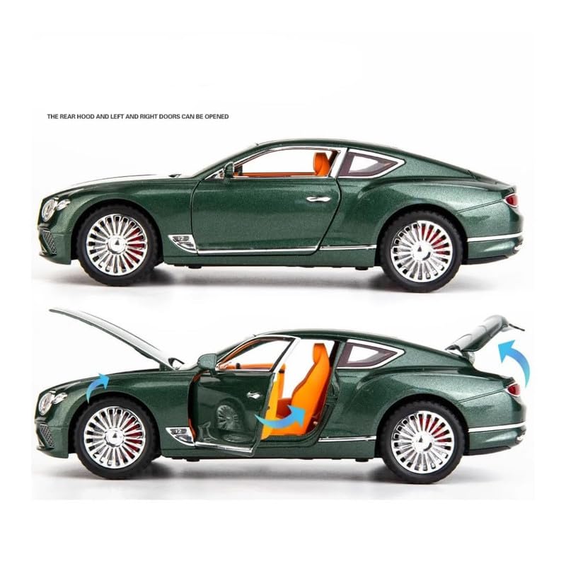 Image of Kids Model 1:24 Bentle Continental Die Cast Metal Car Pull Back Action Opening Doors with Realistic Engine Sound Lights Toy Car Gift for Boys - Green