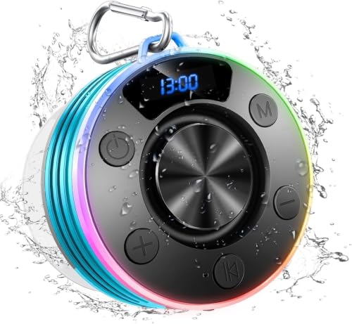 Image of Shower Bluetooth Speaker, IPX7 Waterproof Portable Bluetooth Speakers with Suction Cup, Digital Display, Stereo Sound Rich Bass,Hook Clip,Built-in Mic, Wireless Shower Speaker, Blue