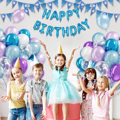 Image of BAUANOOY Frozen balloons, 60pcs 12 Inch Purple and Blue Balloons with Snowflake Confetti Balloons for Winter Theme Party Supplies Baby Shower Wedding Frozen Birthday Party Decorations