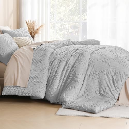 Image of Litanika Light Grey Full Comforter Set, 3 Pieces Tufted Boho Farmhouse Bedding Comforter Sets, Lightweight Fluffy Comforter Bed Set for All Season (79x90In Comforter and 2 Pillowcases)