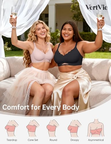 Image of Vertvie Jelly Bras for Women No Underwire Supportive | Seamless Wireless Bralette, Cool Breathable Mesh, Push Up Scalloped V-Neck, Full Coverage Tshirt Bra, Soft Comfortable