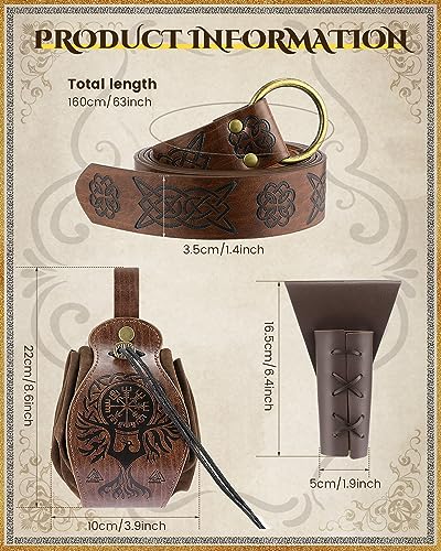3 Pcs Medieval Belt, Viking Knight Belt of Renaissance, Sword Frog Leather Belt Pouch Medieval Bag Renaissance Accessories Brown2