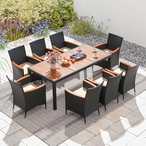 LIFEZEAL Table à Manger de Jardin Exterieur avec Chaise en Rotin PE, Table Rectangulaire et 8 Chaises avec Coussin, Ensemble Mobilier pour 8 Personnes, Patio,...