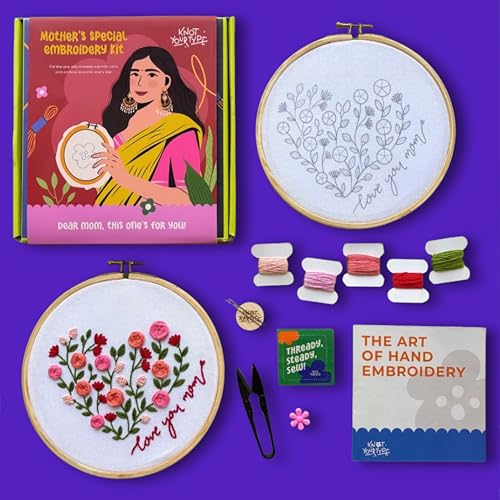 Image of KNOT YOUR TYPE Cotton Mother's Love DIY Embroidery Kit with Gift Box | Hand Embroidery Kit with All Stitching Materials | Perfect Art & Craft Gift Set, Stitching Kit for Adults, Multi Color