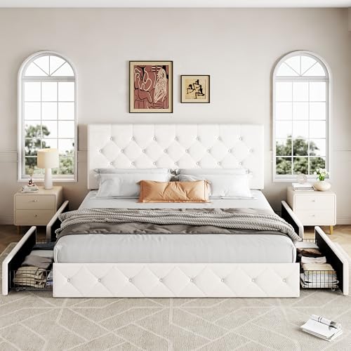 Image of Allewie Upholstered King Size Platform Bed Frame with 4 Storage Drawers and Adjustable Headboard, Diamond Button Tufted, Wooden Slats Support, Noise-Free, No Box Spring Needed, Easy Assembly, White