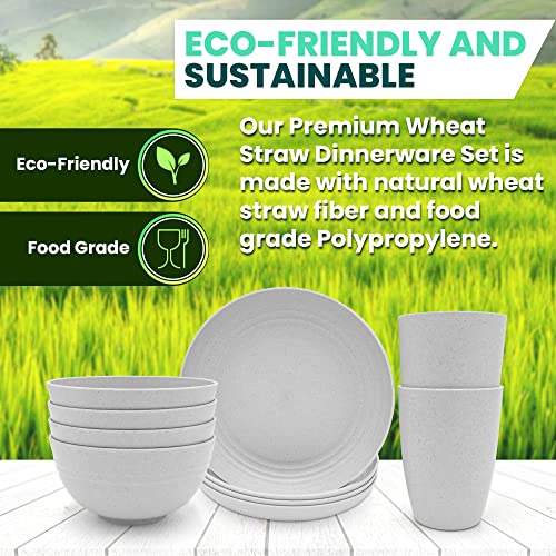 Miizula Premium 16 Pcs Light Gray Wheat Straw Dinnerware Sets - Unbreakable Reusable Plastic Wheat Straw Bowls & Plates Dinner Set - Microwave Dishwasher Freezer Safe - Deep Spillproof - Eco Friendly #TOP5