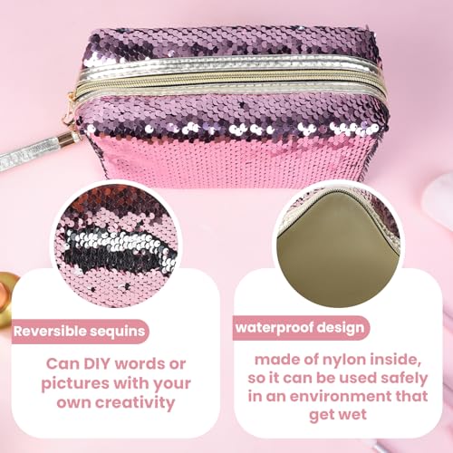 Magic Sequin Travel Cosmetic Bags Reversible Glitter Makeup Organizer Bag Purse for Women(Pink)3