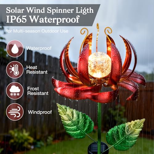 Image of Solar Yard Lights Wind Spinners- Metal Lotus Flower Garden Decor LED Crackle Glass Globe Yard Art Sculpture Solar Stake Lights for Patio Pathway Lawn Walkway (Red-Large)