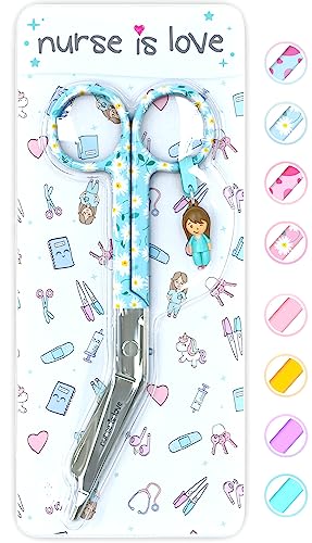 Nurse is Love Lister Verbandsschere Gebogen - Erste-Hilfe-Schere mit Abgerundeter Spitze | Erste-Hilfe-Set | Edelstahl | Mit Charm-Anhänger - Green Daisies
