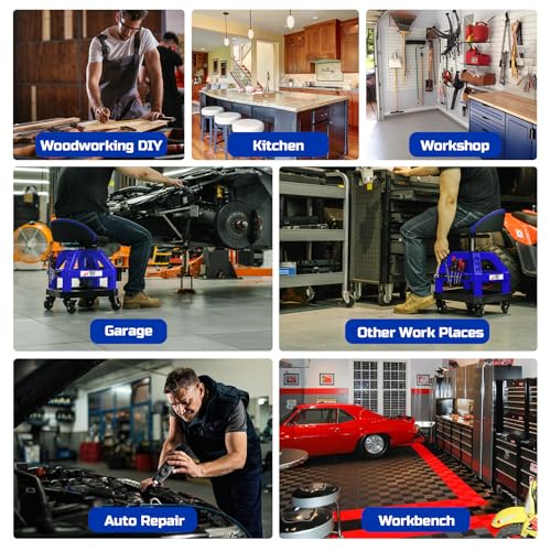 Image of Rolling Shop Stool for Garage with Casters, DO02-Adjustable Height 360 Swivel Shop Seat with Tool Tray Storage, 330 LBS Capacity Padded Mechanic Stool, Magnetic Tool Hold, Heavy Duty, Blue