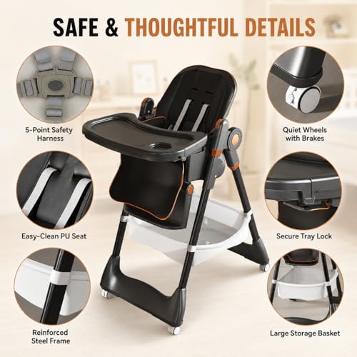 Image of Baby High Chair for Babies and Toddlers, Foldable Feeding Chair with Wheels, Adjustable Seat Height, Backrest, Footrest, Removable Tray, PU Cushion, 5-Point Harness, Black
